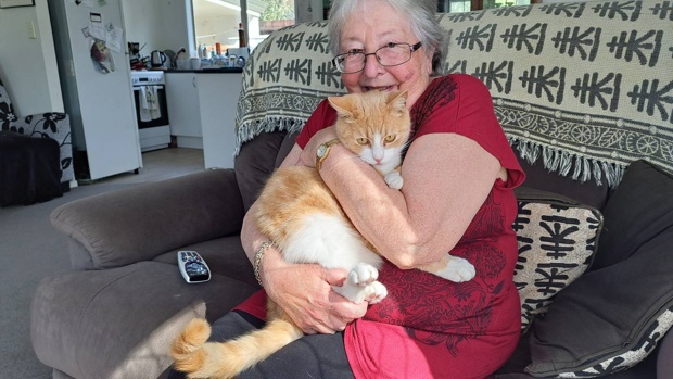 Barbara Nicholas, pictured with Murphy, is helping with the new Companion Cats programme in the Far North. Photo / Jenny Ling
