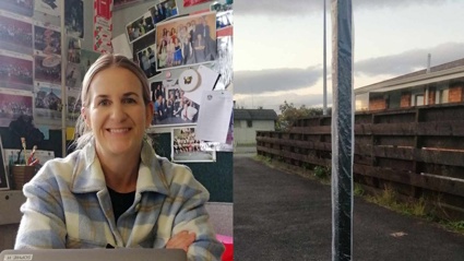 Teacher Sophie Hucker arrived home to find a pole had been cemented into her driveway. Photos / Supplied via NZ Herald