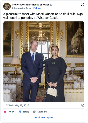 Official photo of Prince William and the Maori Queen