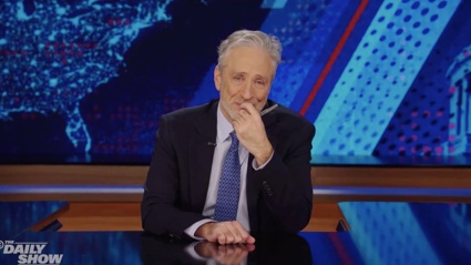 Jon Stewart broke down in tears announcing the death of his dog, Dipper. Photo / Comedy Central via NZ Herald