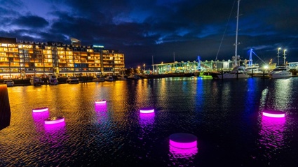 Auckland's Viaduct Harbour is home to a special light and sound display from creative director Tuhirangi Blair from July 7-23 in honour of Matariki. Photo / Bryan Lowe, Auckland Council via NZ Herald