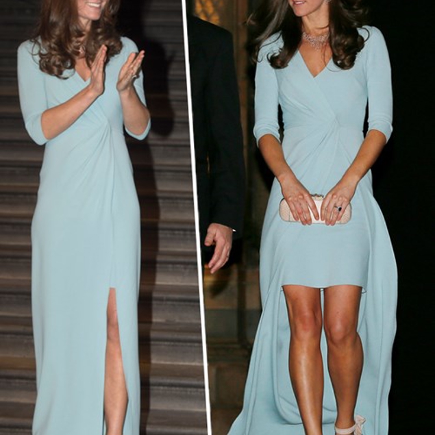 5. After announcing her second pregnancy, Kate looked gorgeous as she stepped out on October 21, 2014, in a sexy ice blue Jenny Packham gown that featured three-quarter length sleeves, a ruched bodice, and a thigh-high slit. She accessorised with cream ankle strap heels and a cream clutch.