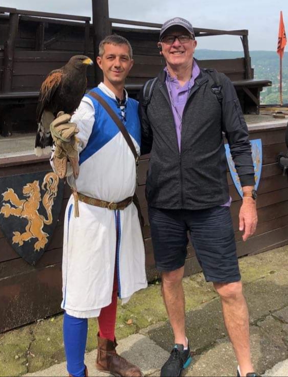 With a medieval knight and his hawk at Visegrad.