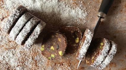 No-bake chocolate, apricot and pistachio nut slice. Photo / Tamara West