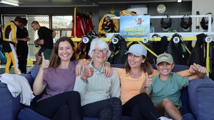 Four generations made the skydiving jump together. Left to right: Alice Renouf, Hazel Georgantis, Didi Chapman and Nico Chapman. Photo / Steve Jones Taupo Tandem Skydiving