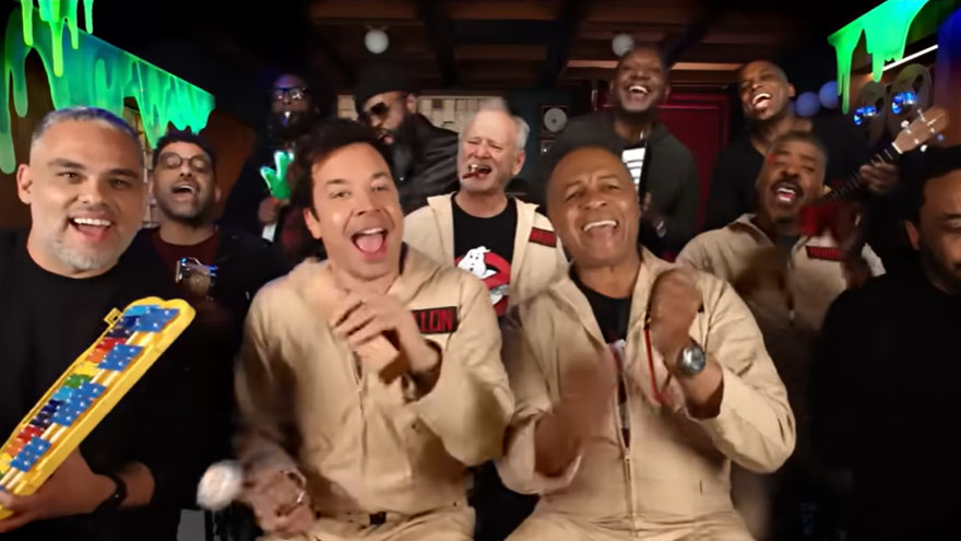 Ray Parker Jr., Bill Murray and Ernie Hudson perform 'Ghostbusters' with Jimmy Fallon