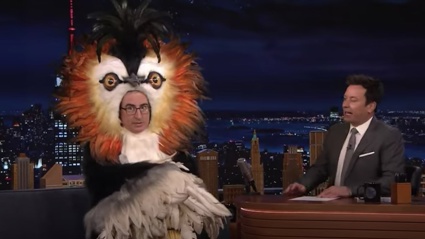 John Oliver appears on The Tonight Show Starring Jimmy Fallon dressed as a pūteketeke for the New Zealand's Bird of the Century contest. Photo / via video