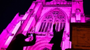Dunedin’s St Paul’s Cathedral was lit up to celebrate the arrival of American pop singer Pink in the city. Pink will perform at Forsyth Barr Stadium. Photo / Stephen Jaquiery