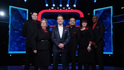 The stars of The Chasers: Mark 'The Beast' Labbett, Anne 'The Governess' Hegerty, Bradley Walsh, Paul 'The Sinnerman' Sinha, Jenny 'The Vixen' Ryan and Shaun 'The Dark Destroyer' Wallace. Photo / TVNZ