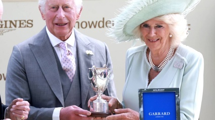 King Charles III and Queen Camilla hold the King George V Trophy as they attend day three of Royal Ascot 2023. Photo / Getty Images