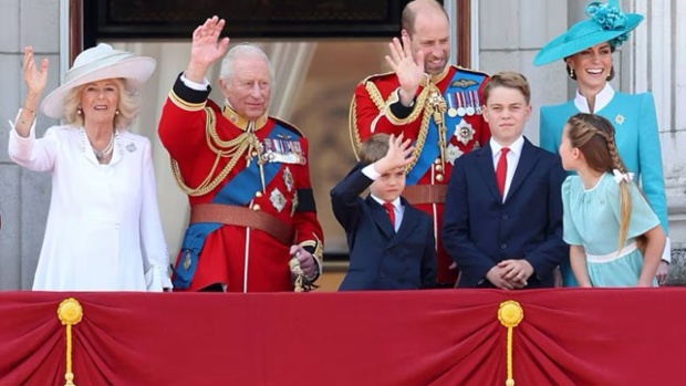 Queen Camilla, King Charles III, Prince Louis of Wales, Prince William, Prince of Wales, Prince George of Wales, Catherine, Princess of Wales and Princess Charlotte of Wales wave from the balcony at Buckingham Palace during Trooping The Colour 2025. Photo / Getty Images