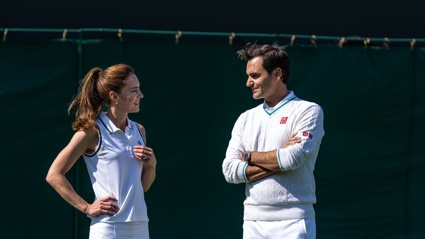 Catherine, Princess of Wales and Wimbledon champion Roger Federer talk before playing tennis on No 3 Court at The All England Lawn Tennis Club, Wimbledon. Photo / Getty Images