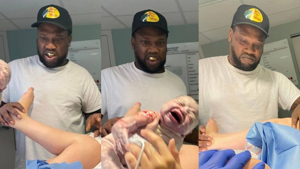 Hilarious photos of a new father's horrified expressions while watching the birth of his child left the internet in stitches. Photos / Facebook