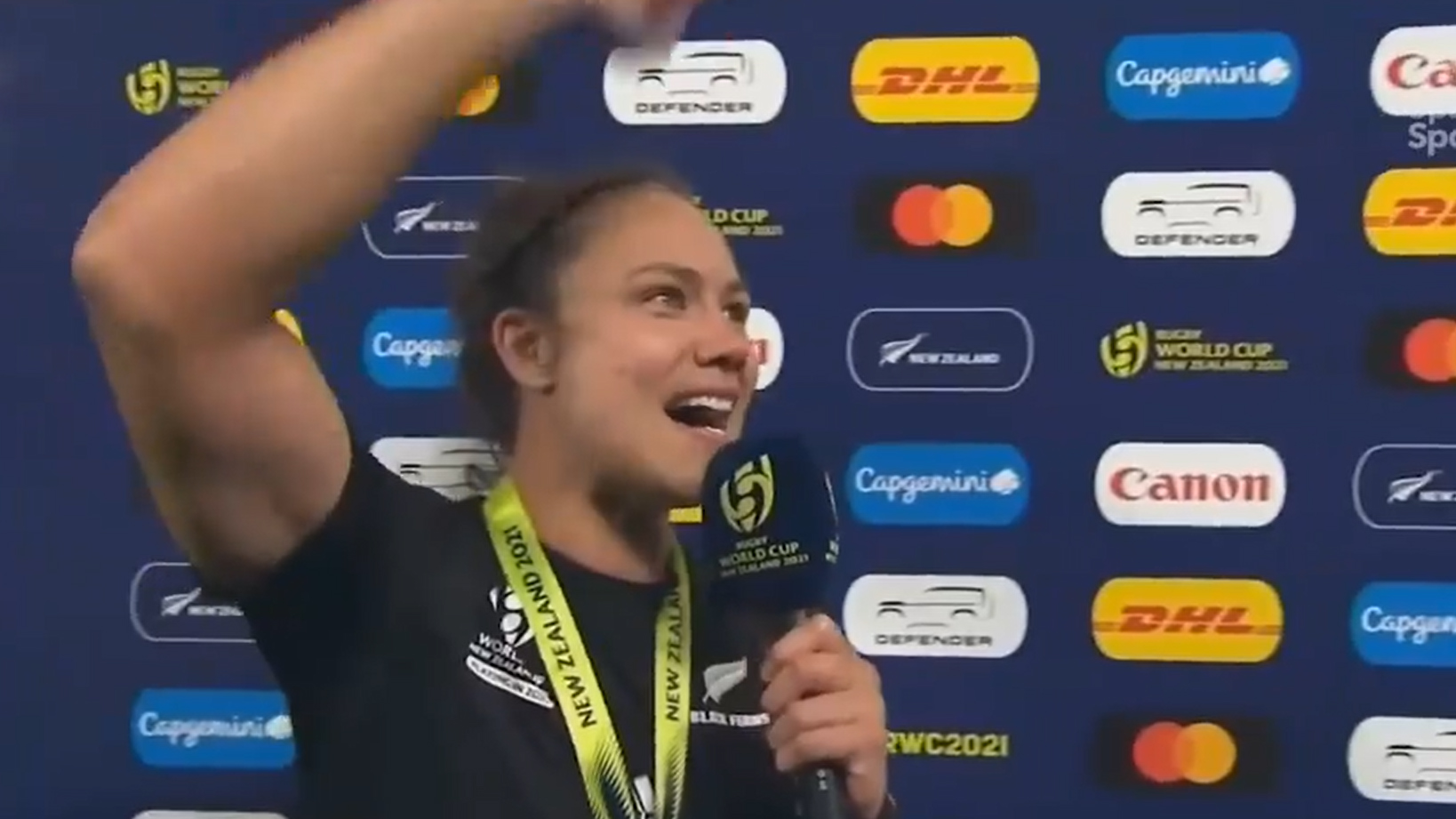 Watch the incredible moment Black Ferns star Ruby Tui leads singalong at Eden Park following World Cup win