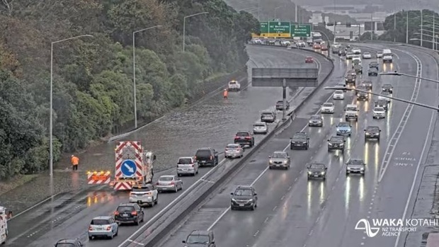 Flooding inundates the Southern Motorway at Penrose. Photo / Supplied