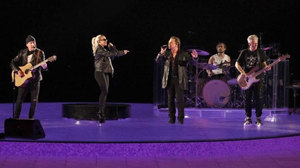 Lady Gaga, The Edge, Bono, Bram van den Berg, and Adam Clayton of U2 perform 'Shallow' onstage at Las Vegas Sphere. Photo / Getty Images