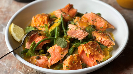 Barbecued Akaroa Salmon, green bean and avocado salad with burnt orange dressing